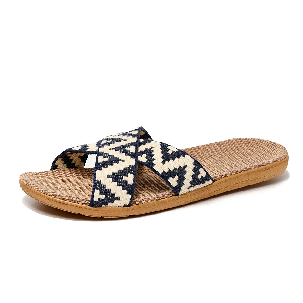 Men Slippers Lightweight Indoor Linen Antislip Home Shoes Summer Flat Zpaxo Blue 40-41