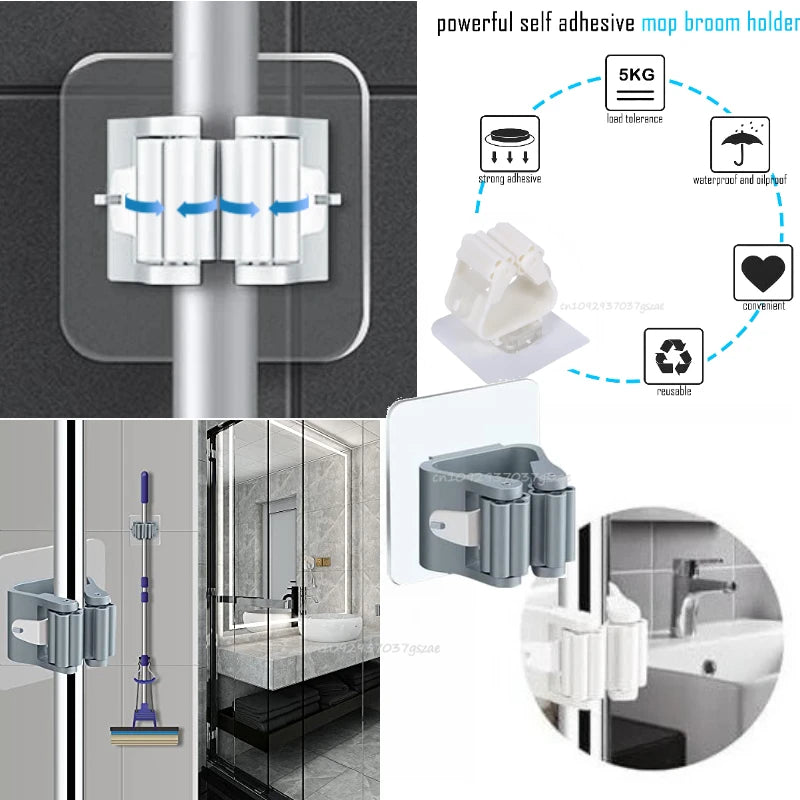Household Bathroom Non Perforated Mop Holder, Broom Holder, and Card Holder Self-adhesive Mop Holder Kitchen Accessories Zpaxo