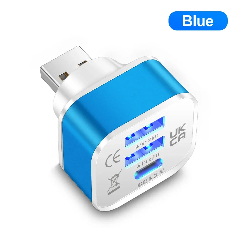 3-Port USB-C Hub – PD Charging & USB 2.0 Splitter Adapter USB-C Hub Adapter Zpaxo Blue