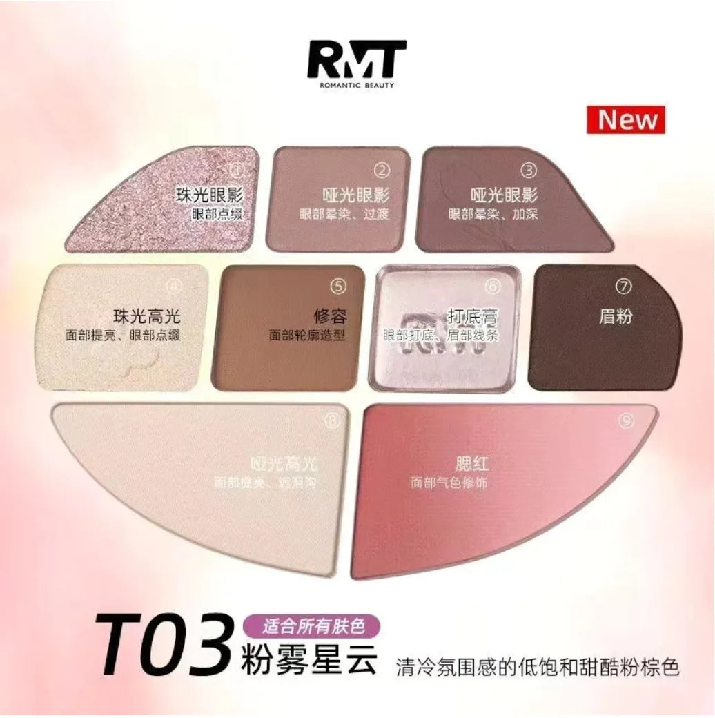 RMT ROMANTIC BEAUTY #Facial Comprehensive Dish Nine Color Eyeshadow Highlight Contour All-Round Blush Makeup Cosmetics Zpaxo T03