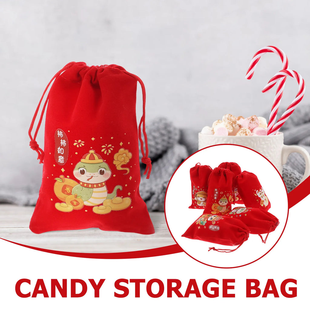 Chinese Red Present Bags 2025 Lunar Year Candy Pouches Reusable