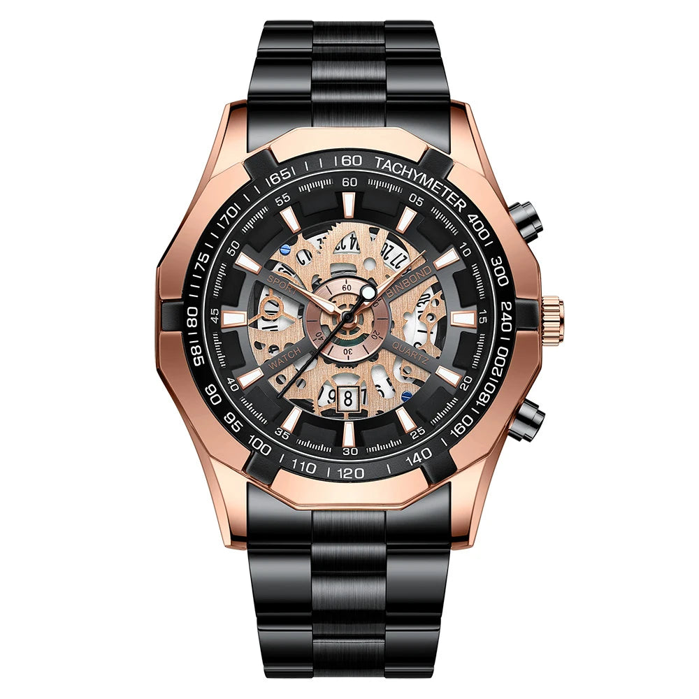 BINBONG Business Men's Watches Waterproof Calendar Luminous Fashion Quartz Watch For Man Stainless Steel Male Clock Reloj Hombre Zpaxo Rose Black