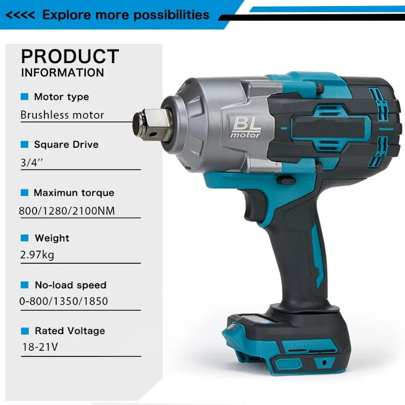 2100N M Brushless Cordless Electric Impact Wrench Rechargeable 3 4