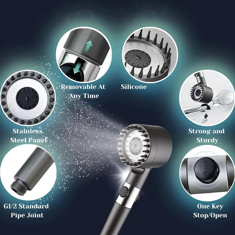 2026 New Turbocharged Filter Shower Head 3 Modes High Pressurized Handheld Shower with Massage Brush One Click On/Off Switch Zpaxo