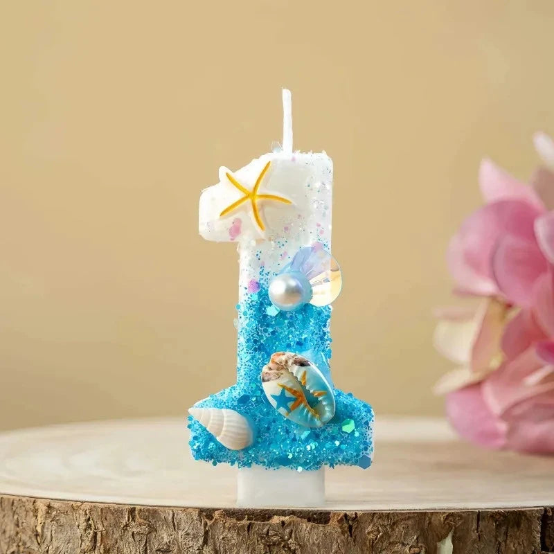 Ocean-themed Blue White Glitter Number Birthday Candles Seashell