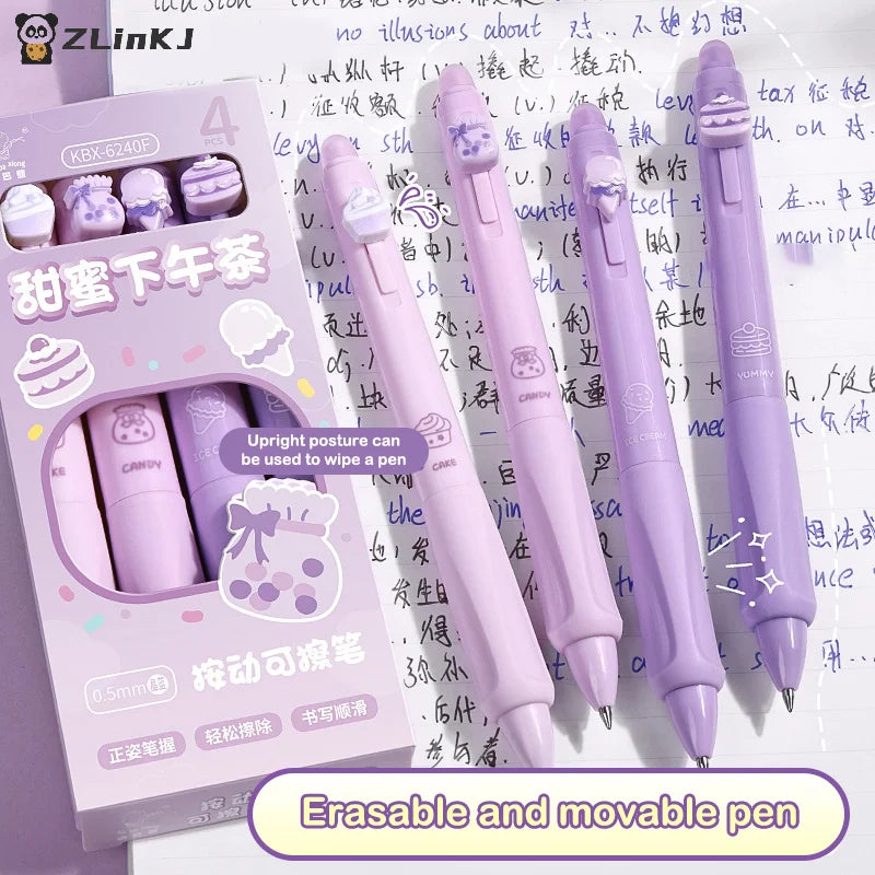 ▶4Pcs/Box 0.5mm Cartoon Cute Erasable Gel Pen Creative Aesthetic Thermal Eraser Pen Black Blue Ink School Supplies Stationery Zpaxo