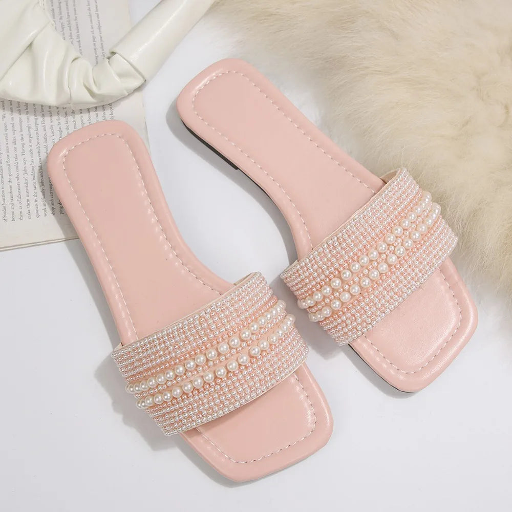 Women's Flat Bottom Sandals 2026 Summer Beaded Rhinestone Shoes