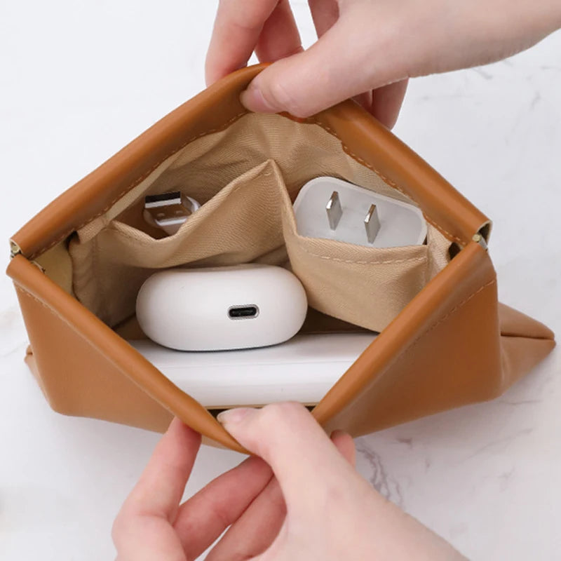 Automatic Closed Purse Bag PU Leather Cosmetic Purse Mini Earphone Charging Cable Storage Bag Organizer Pouch Travel Makeup Zpaxo