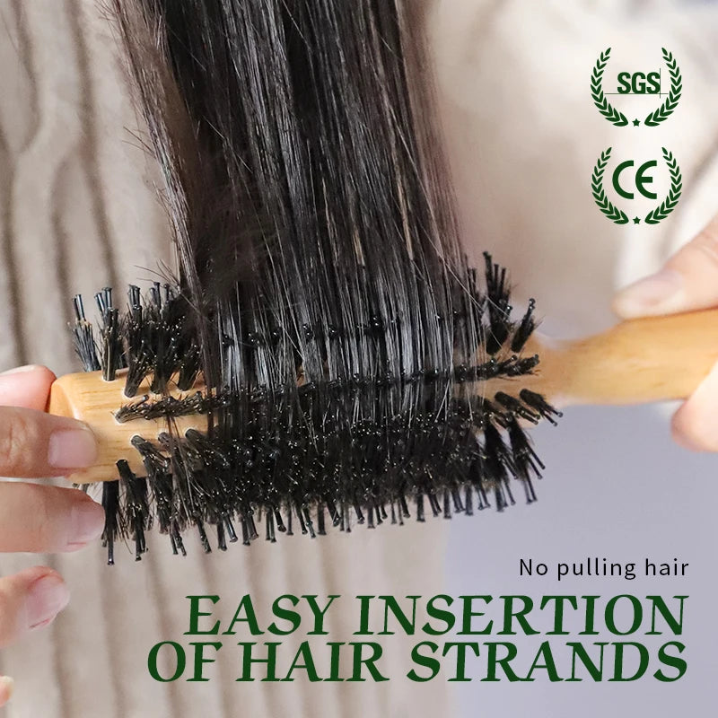 Boar Bristles Round Hair Brush Women Anti Static Wood Comb Hair Curling Styling Barrel Rolling Detangling Hair Comb For Curly Zpaxo