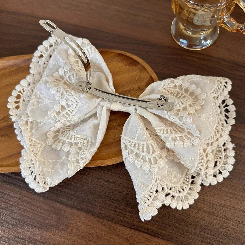Beige Floral Embroidered Lace Bow Hair Clip Sweet Fashionable Girls