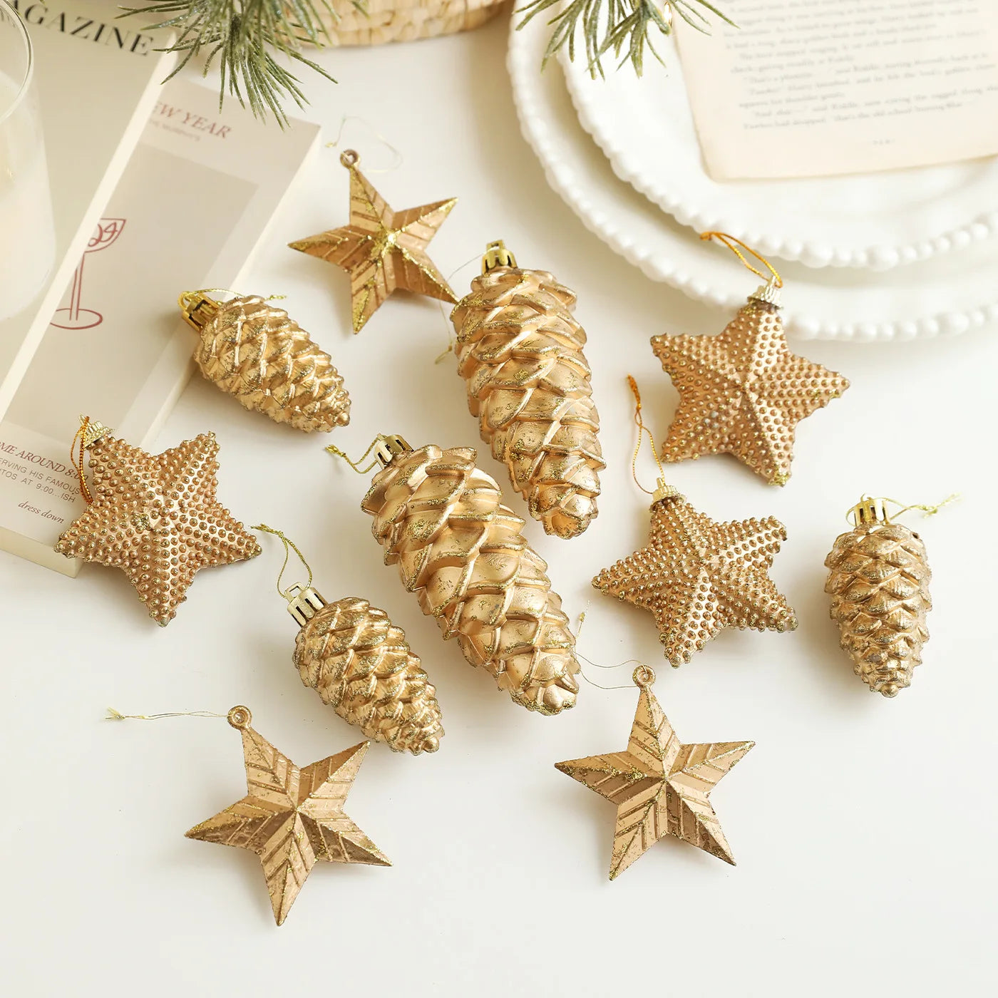 Gold Glitter Pine Cone & Star Christmas Tree Ornaments