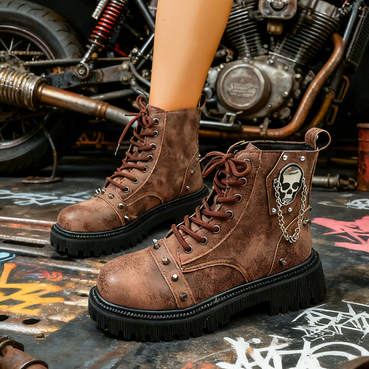Women Punk Ankle Boots 2025 Metal Decoration Shoes Platform Casual Outdoor Shoes Women Buckle Designer Motorcycle Boots Women Zpaxo Brown 35