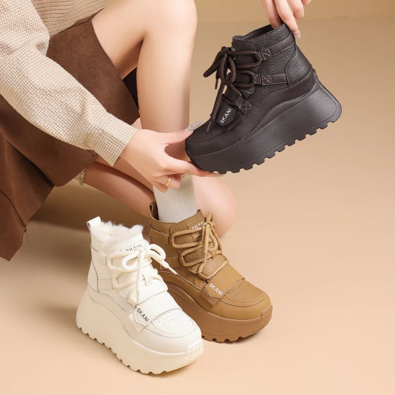 Womens Winter Leather Upper Boots Thick Fleece Lined Sneakers Height Zpaxo
