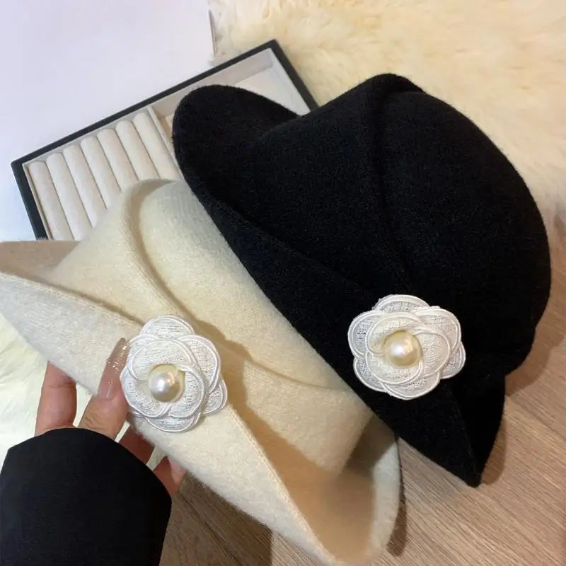 Vintage Chic Ruffled Camellia Heiress Winter Cap Women French-style Zpaxo