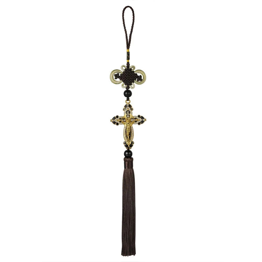 Retro Cross Car Pendants Decorative Tassel Rearview Mirror Pendant Zpaxo Black