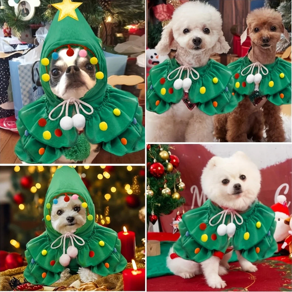 Christmas Tree Pet Costume Hooded Cape Small Dogs Cats Cute Design