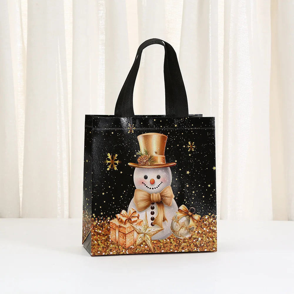 Christmas Non-Woven Gift Bag – Black Gold Snowman Xmas Tote Christmas Gift Bag Zpaxo