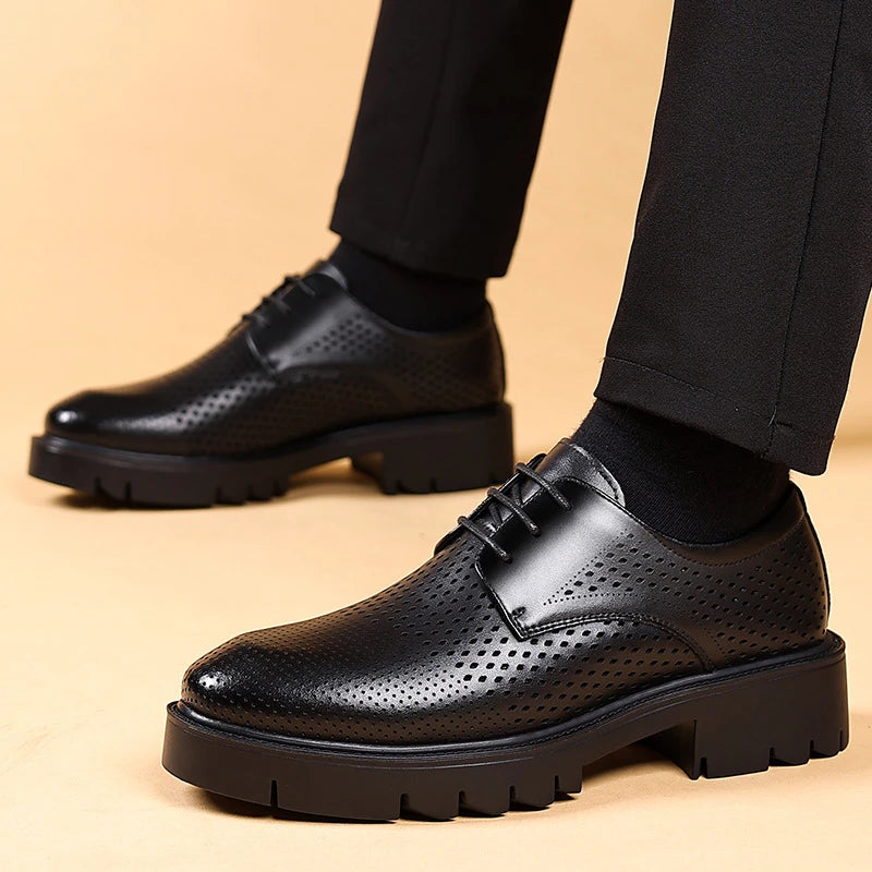 Mens Black Leather Perforated Pointed Toe Lace Up Formal Business Zpaxo