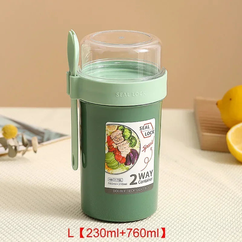 Portable Salad Cups Container Plastic with Lid and Fork Overnight cup Breakfast Oatmeal Cereal Nut Yogurt Cup School Lunch Box Zpaxo Green-L