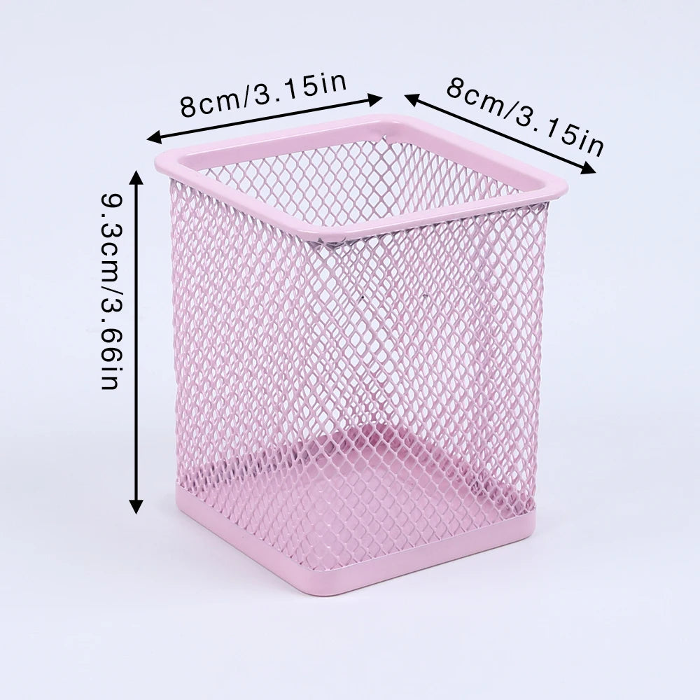 Round Square Pen Holder Desk Metal Mesh Pen Pot Case Pen Container for Student Office Desktops Zpaxo Square Pink