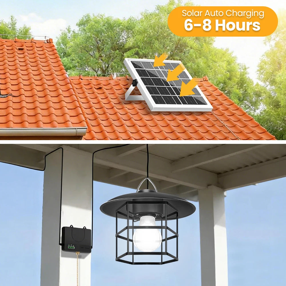 Vintage Hanging Solar Pendant Light with Battery Level Display IP65 Waterproof Pull Chain Switch Solar Shed Light for Outdoor Zpaxo