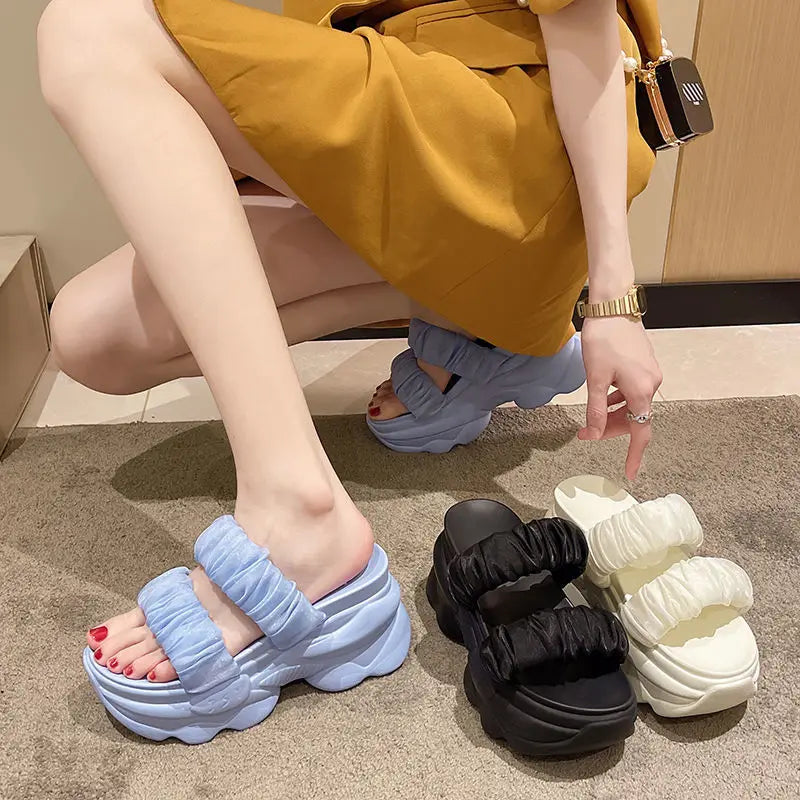 CINESSD Summer Platform Slippers Women Blue Pleated Riband Discolor Zpaxo