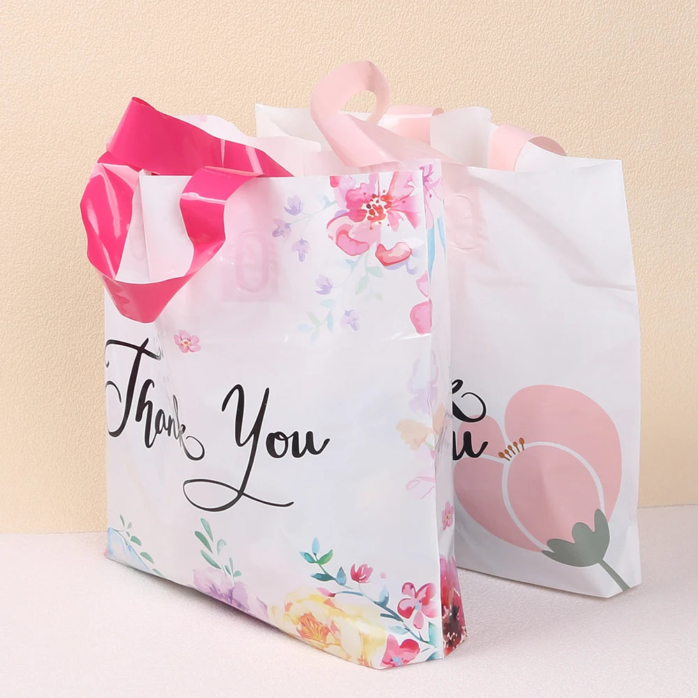 20/50Pcs Thank You Gift Bag with Handle Plastic Floral Shopping Bags for Small Business Wedding Birthday Party Gift Bags Zpaxo