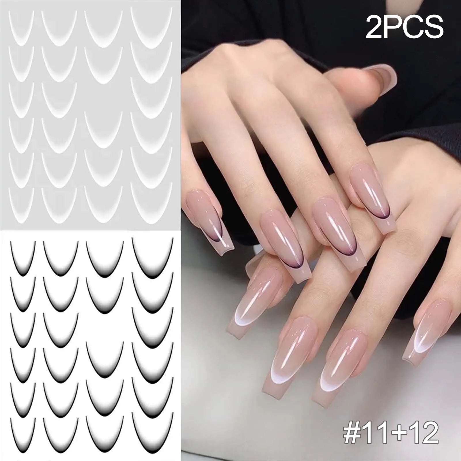 French Gradient Line Nail Art Stickers 3D Self-Adhesive White+Black Slider Design Nail Tip Stencil Manicure Guide DIY Nail Decor Zpaxo 11 and 02