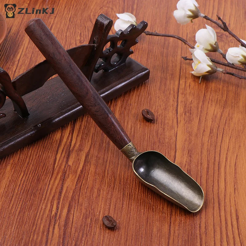 ▶1Pcs Wooden Handle Copper Tea Coffee Scoop Anti-Spill Tea Spoon Easy Clean Tableware Zpaxo