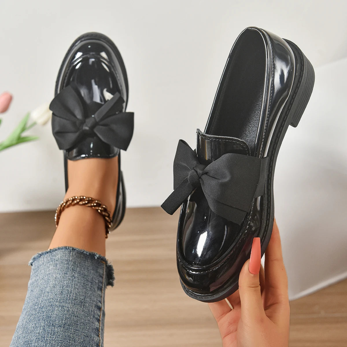 Women Loafers Comfort Soft Sole Platform Sneakers Fashion Bowknot Zpaxo black 41