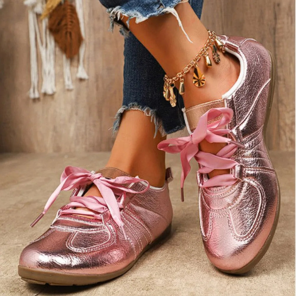 Fashion Gold Silver Women Flat Sneakers Lightweight Soft Sole Shoes