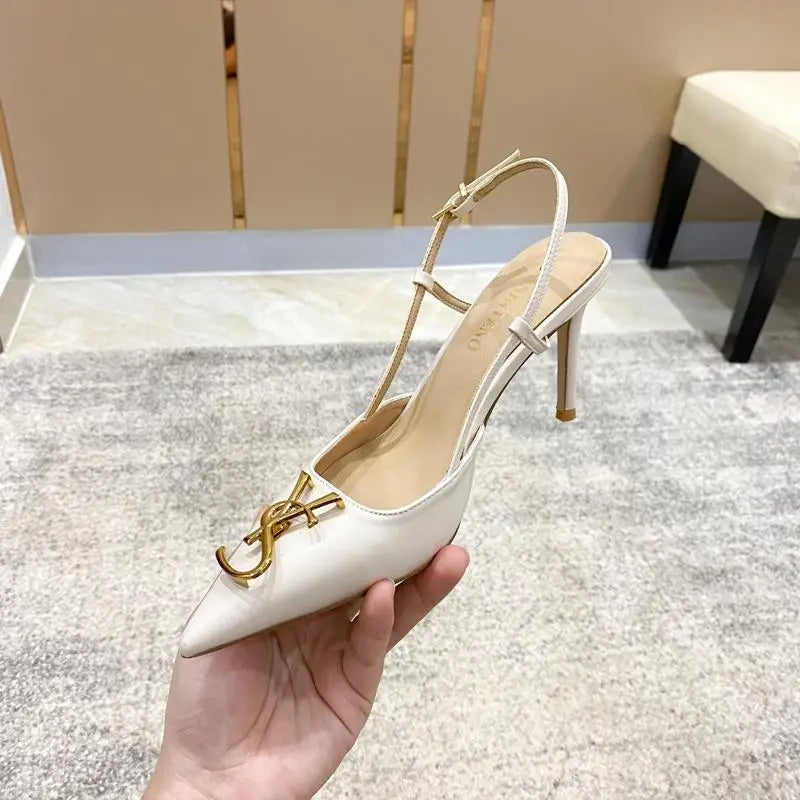 Sandals Women's Shoes Summer New Popular Metal Button Baotou Fashion Thin Heel Pointed Back Strap Single Shoes Sandales Zpaxo white 6cm 36