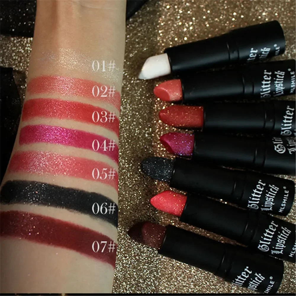 7 Colors Glitter Lipstick Waterproof Long Lasting Diamond Pearlescent Metallic Non-stick Cup Lipstick Women Lips Makeup Cosmetic Zpaxo