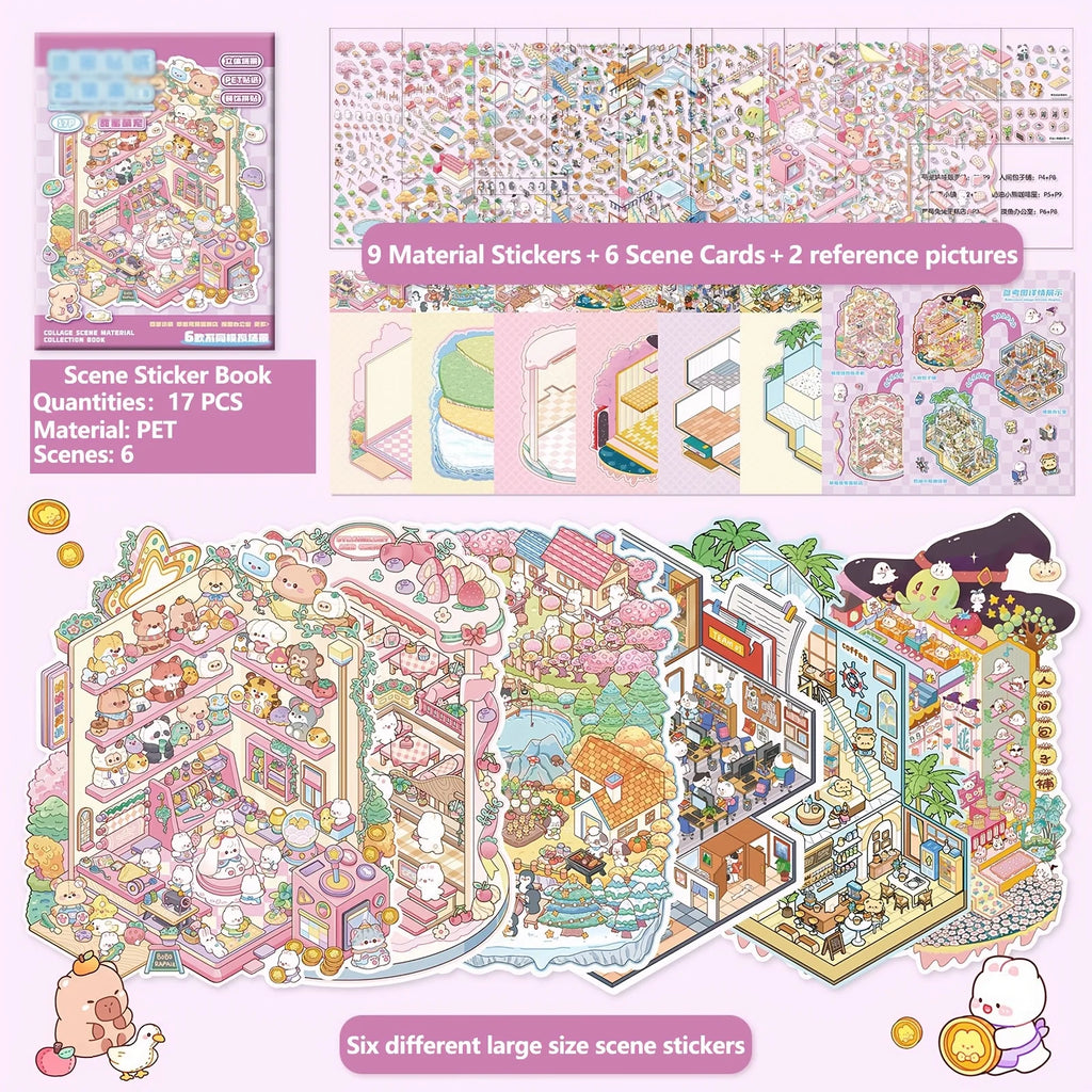 17 PCS Medium Book Scene Stickers, PET Stereoscopic Scenery Stickers, Miniature Scene Stickers, Self-adhesive 3D Cabin Stickers Zpaxo