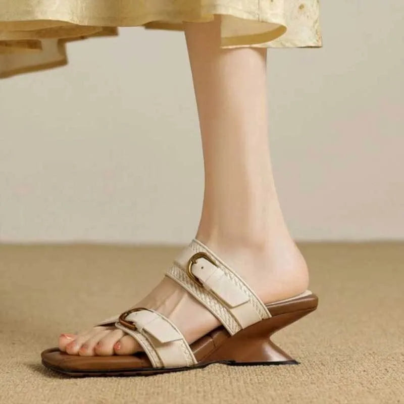 Vintage Braided Belt Buckle Open Toe Wedges Women's Summer