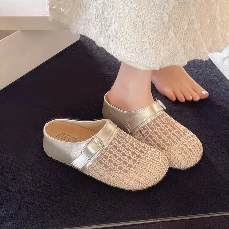 Women's Round Closed Toe Mesh Fabric Hollow Out Breathable Mid Heel Zpaxo Gold 39