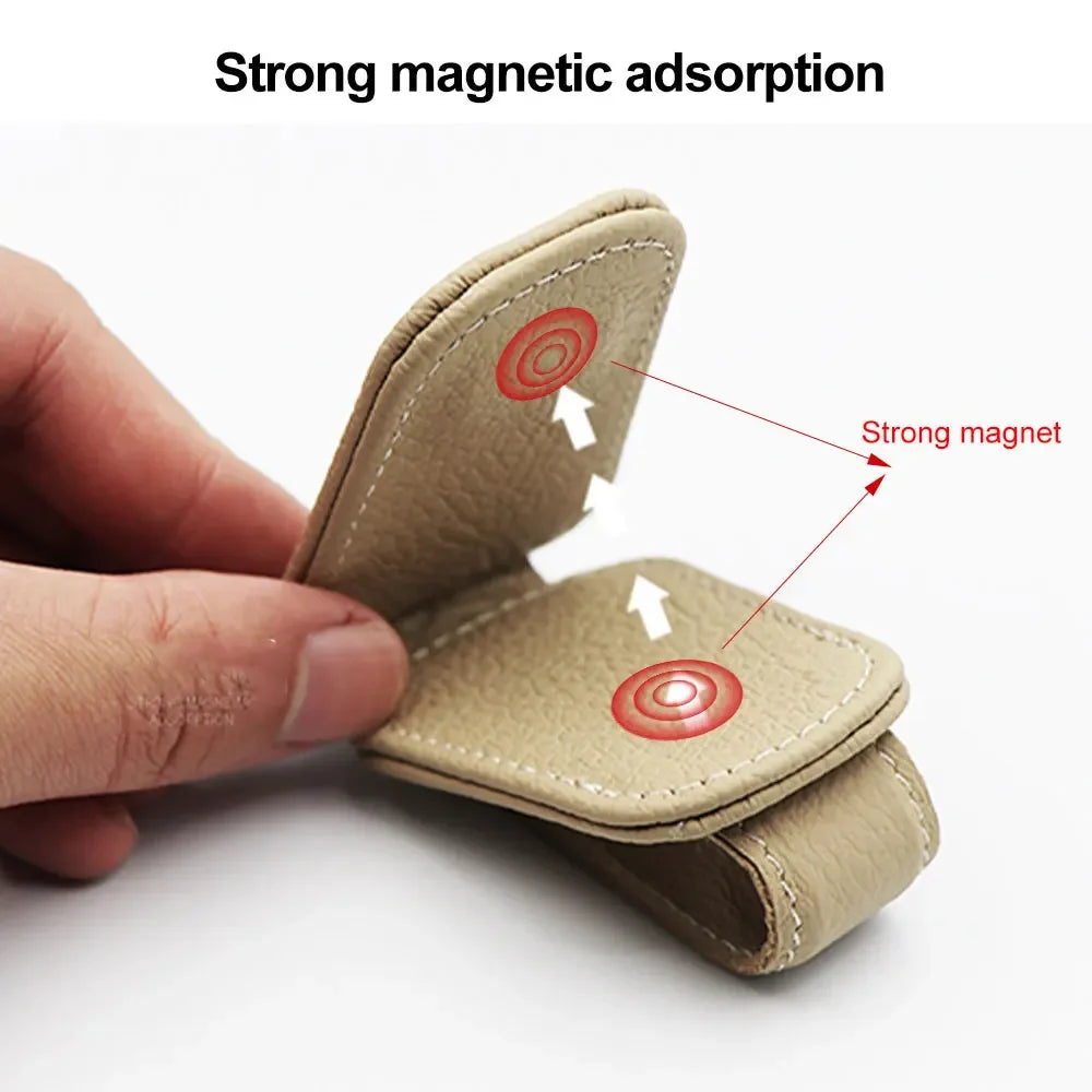 Car Sun Visor Clip Glasses Bracket Holder Pu Leather Cards Case Auto