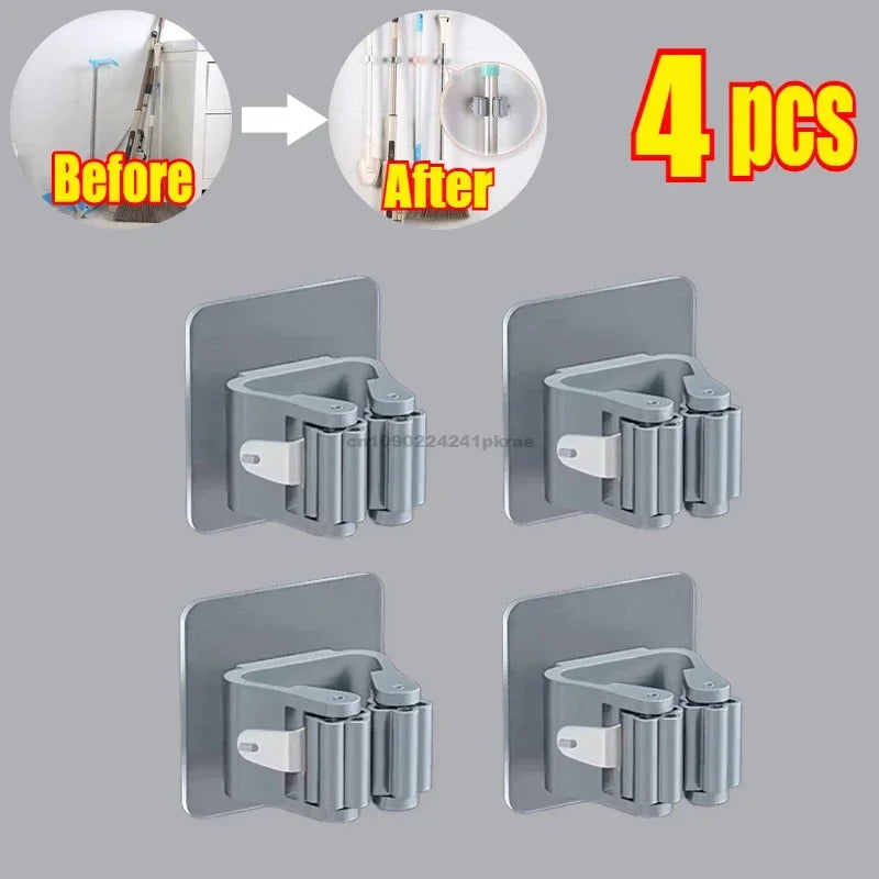 Self-adhesive Mop Holder Broom Stand Wall Mounted Mop Support Sweeping Brush Hook Storage Organizer Bathroom Kitchen Accessories Zpaxo 4pcs-Grey