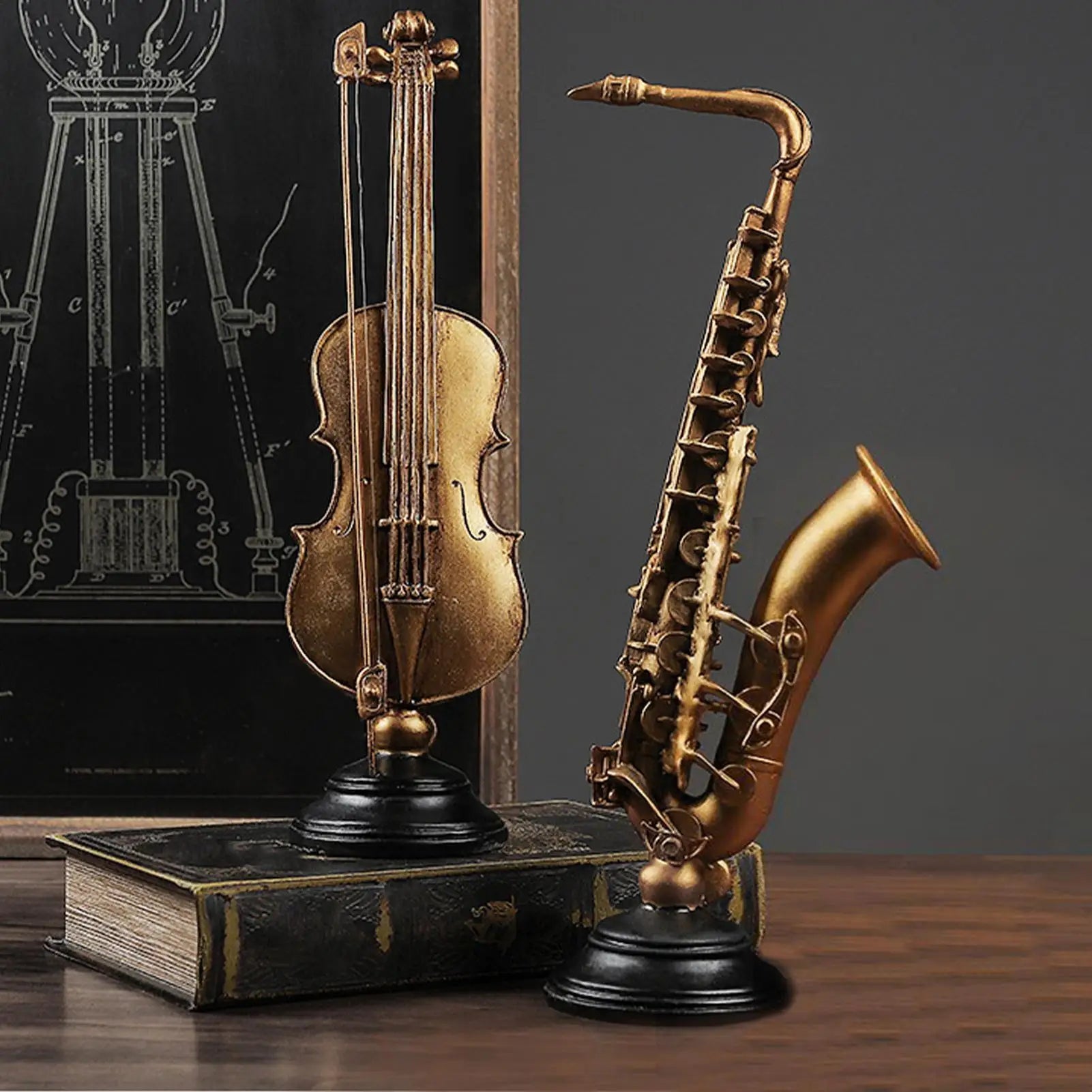 Instrument Figurines Gold Simulation Collectible Statue Miniature Saxophone Violin Statue with Stand for Collector Musician Home Zpaxo