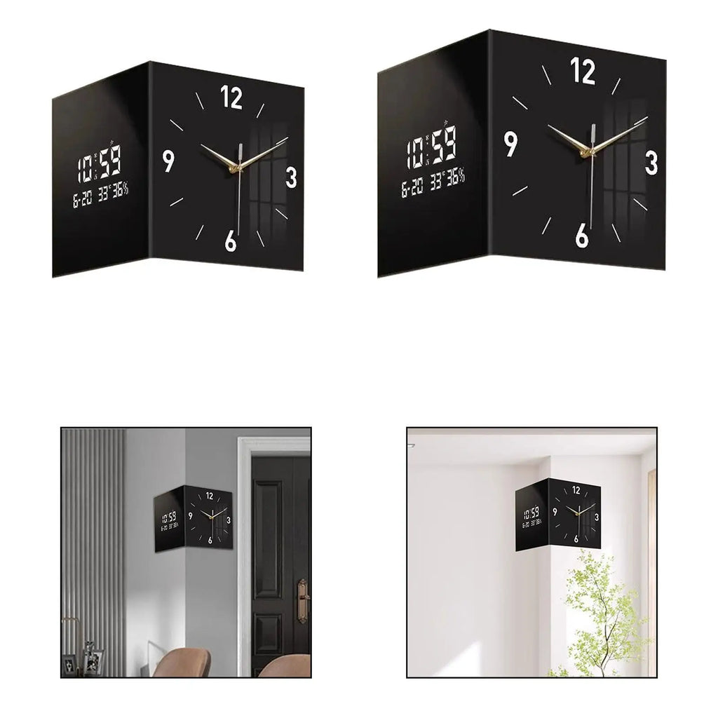 LED Double Sided Corner Wall Clock Wooden Modern Design Backlight Zpaxo