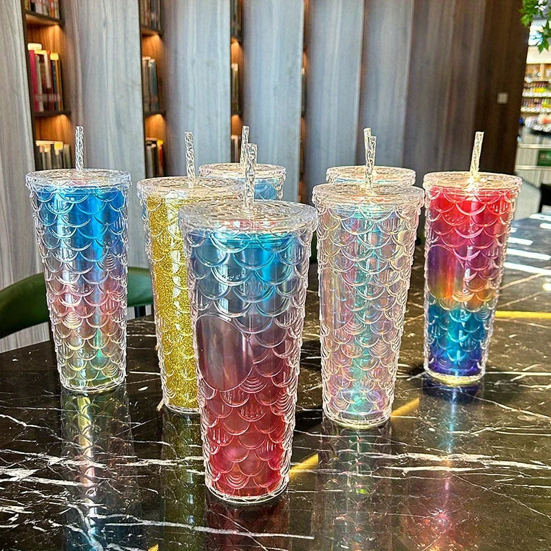 Large Capacity Colorful Laser Double-layer Straw Cup, Fish Scale Plastic Water Cup, Durian Cup Zpaxo