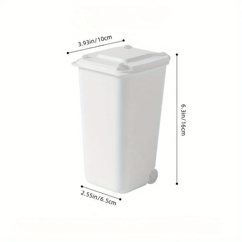 Mini Desktop Trash Can Wheels Lid Manual Lift Plastic Pen Holder