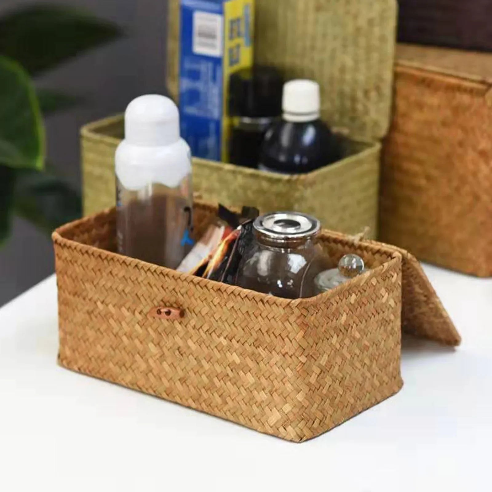 Handmade Wicker Rattan Storage Basket with Lid | Seagrass Wicker Storage Basket Zpaxo