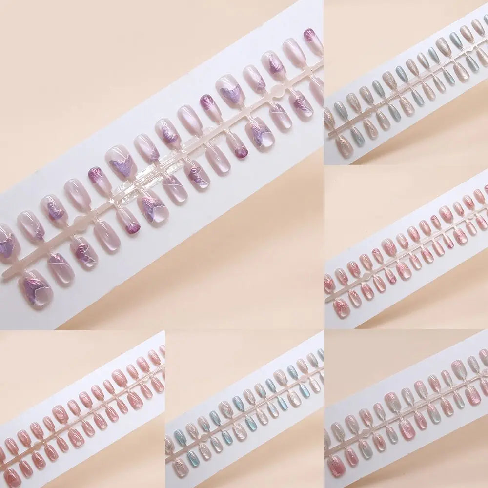 24pcs Long Square False Nails French Shining Cat Eye Fake Nails Full Cover Press on Nails Nail Tips Zpaxo