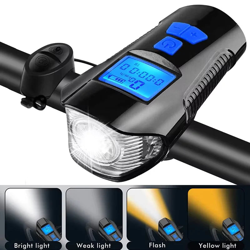 Flash Light Portable 3 in 1 Bicycle Front Light Rechargeable Code Table Electric Horn 4 Lighting Modes 6 Sounds Bike Accessories Zpaxo