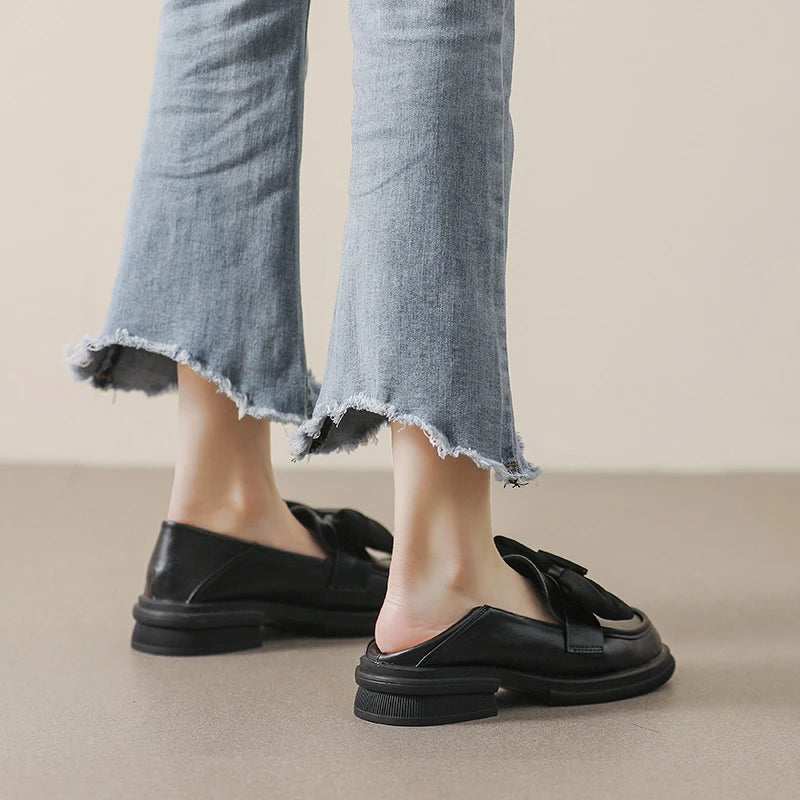 Women Soft Sole Loafers Bow Decor Retro Platform Chunky Heel British Zpaxo
