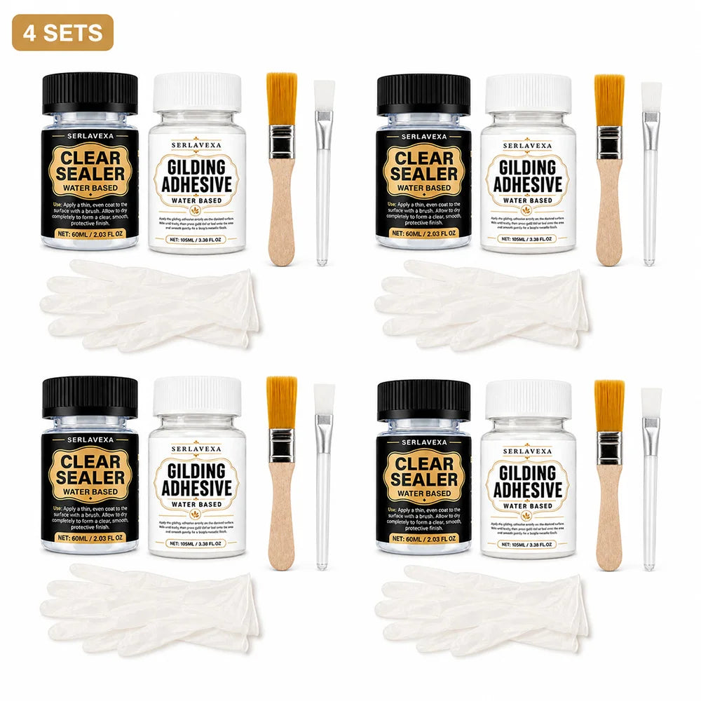 SIKEZHAN Gold Leaf Adhesive & Clear Sealer Kit, Gilding Glue for Wood & DIY Art, Crystal Finish, Brushes Gloves Kit, 105ml 60ml Zpaxo set 3