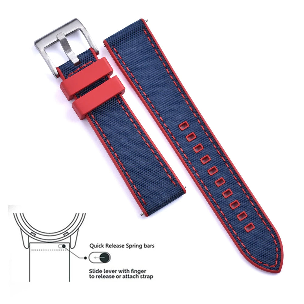 High Quality FKM Canvas Watch Strap 20mm 22mm Hybrid Fluoro Rubber Nylon Watchbands Quick Release For Each Brand Diving Watches Zpaxo Red-Blue 1 20mm