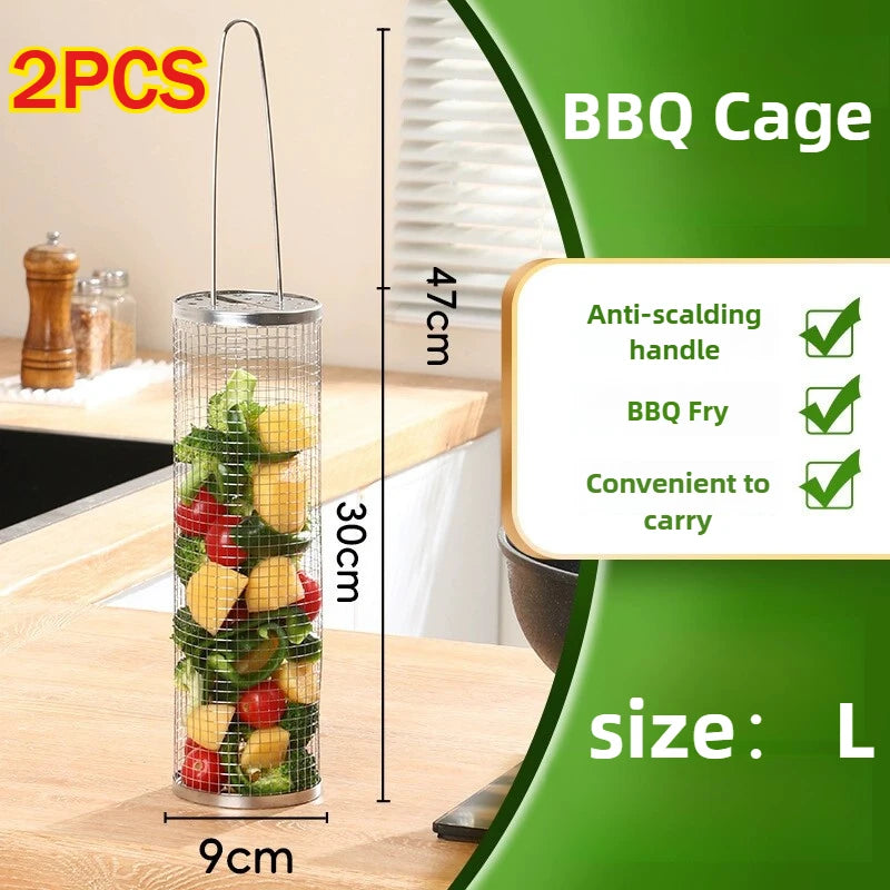 Bbq Accessories Stainless Steel Grill Basket Portable Barbecue Cage Rolling Grilling Basket Useful Outdoor BBQ Grill Basket Zpaxo 2PCS-L