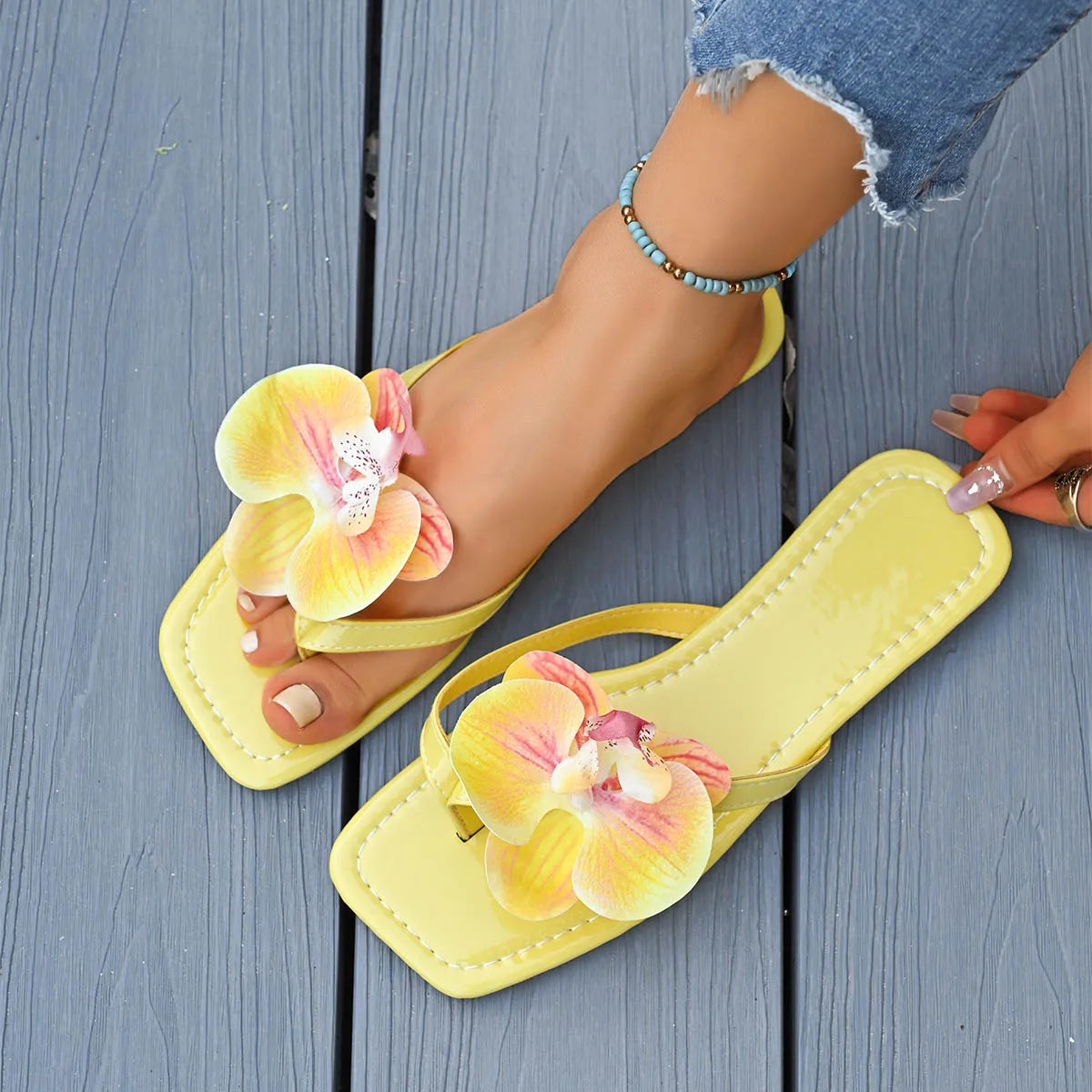 Women Slippers Summer Flip Flops Square Toe Flat Sandals Outdoor Zpaxo YELLOW 43